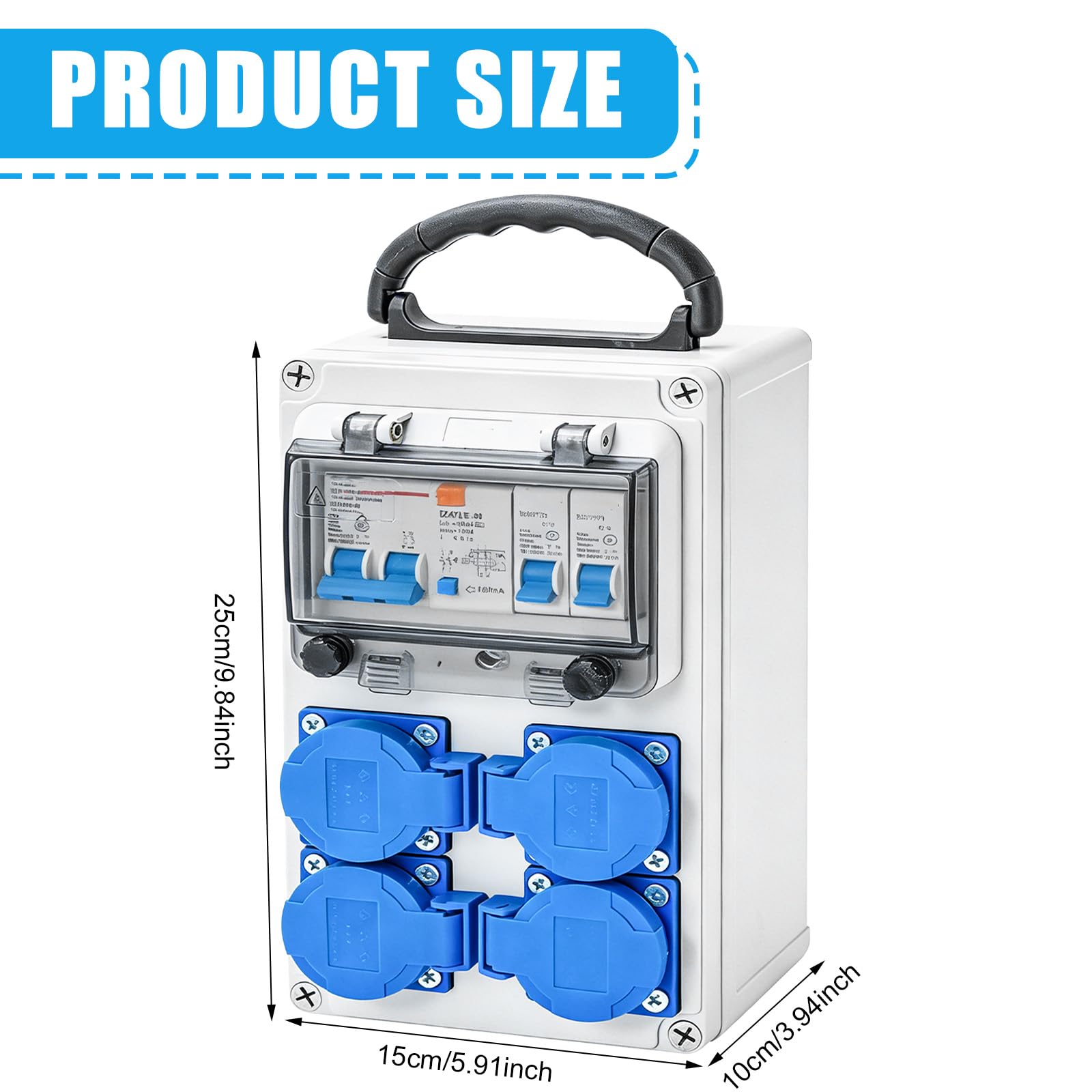 Baustromverteiler, Steckdosenverteiler 4x Schuko 230V, 16A Wandverteiler Stromverteiler mit FI Schalter, Starkstrom Verteiler, IP66 Wandverteilerkästen Aufputz Verteiler für Indoor/Outdoor