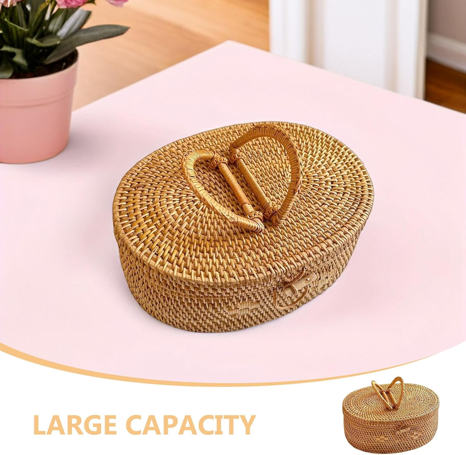 Oval Rattan Storage Basket with Handle and Lid, 30x22x12cm Woven Picnic Tote for Outdoor Snack and Food Organization, Natural Seagrass Wicker Basket for Patio and Travel