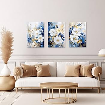‪❤︎ ℳ ‪‪❤︎‬ ZXHYWYM Abstract Floral Wall Art 3 Pieces Navy Blue Flowers