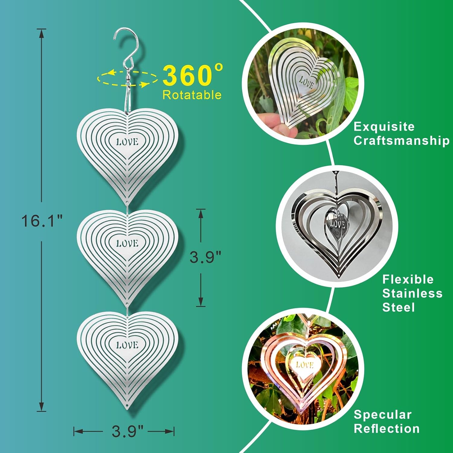 Shiny Metal Bird Reflectors Wind Spinners 360° Wind-Spinning Quiet Reflective Bird Deterrent Decor for Small Yard Orchard Bird-Prone Areas (Heart-Shaped/Silver / 9 Pcs / 3 Set) image 3