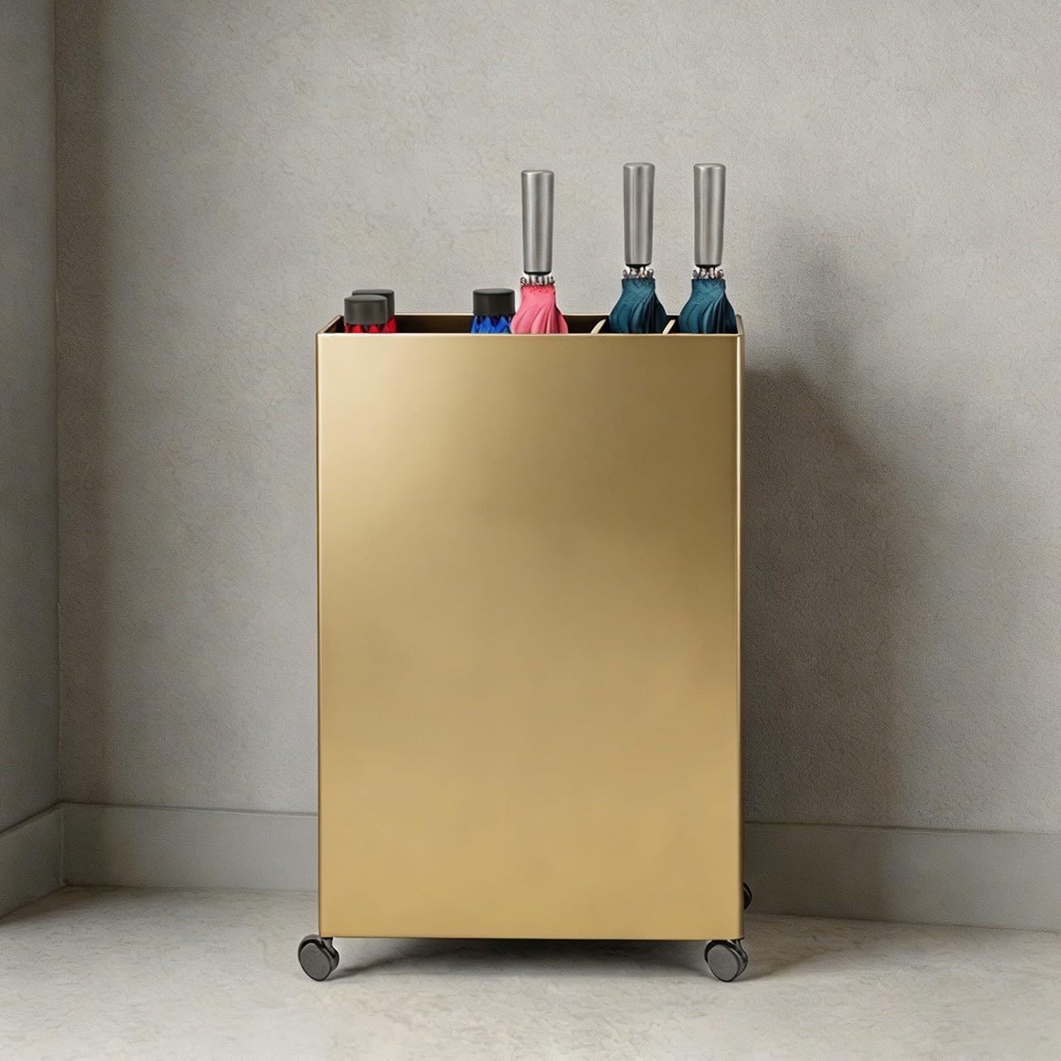 Metal Rolling Umbrella Holder with Removable Drip Tray, Freestanding Compartment Umbrella Stand Indoor Organizer for Entryway, Office, Hotel(Gold,80cm/31.5in)