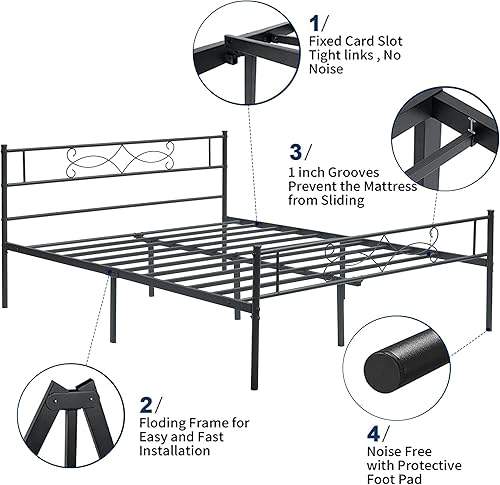Miniatura 4 de VECELO Marco de cama de plataforma de metal tamaño Queen con cabecero, no necesita somier/base de colchón, flor
