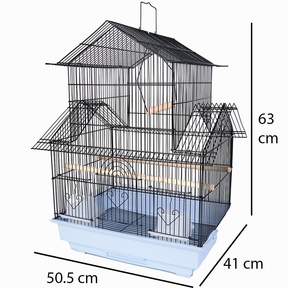 BAKAJI Cage de volière pour Oiseaux en Forme de Maison, perroquets inséparables, perruches, Oiseaux avec Chariot Coulissant en métal et balançoires en Bois, Cage Maison avec perchoirs et mangeoires
