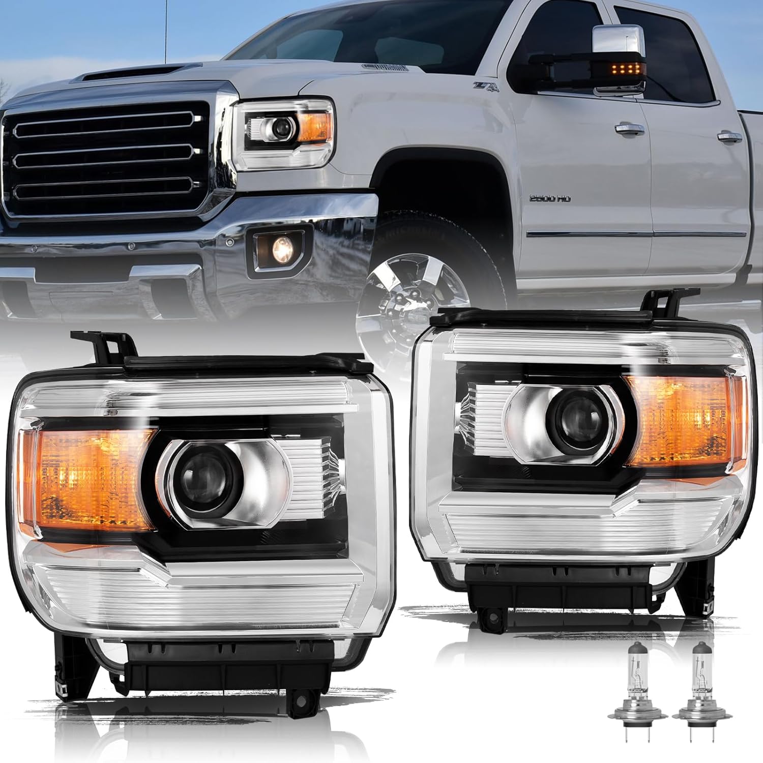 Aosky Non LED DRL Headlight Assembly for 2014-2018 GMC Sierra 1500 Base/Denali/SLE/SLT/2015-2019 2500HD 3500HD Right Pair Set w/Bulbs