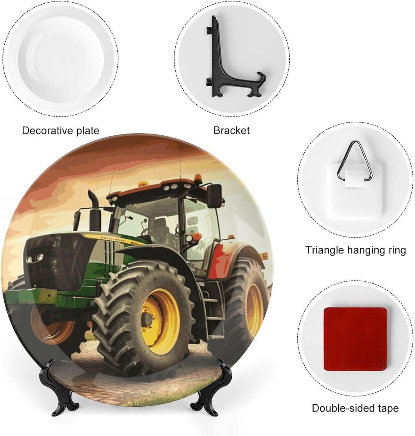 Tractor Theme Bone China Decorative Plate with Display Stand, Ceramic Ornaments Plate for Wall Hanging, Personalized Porcelain Plates for Office, Living Room 8inch
