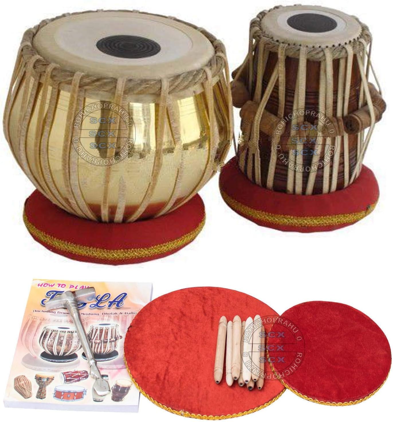 SHREYAS Tabla Set, Golden Brass Bayan, Sheesham Dayan Tabla, Nylon Bag, Hammer, Book, Cushions, Cover, Indian Drums