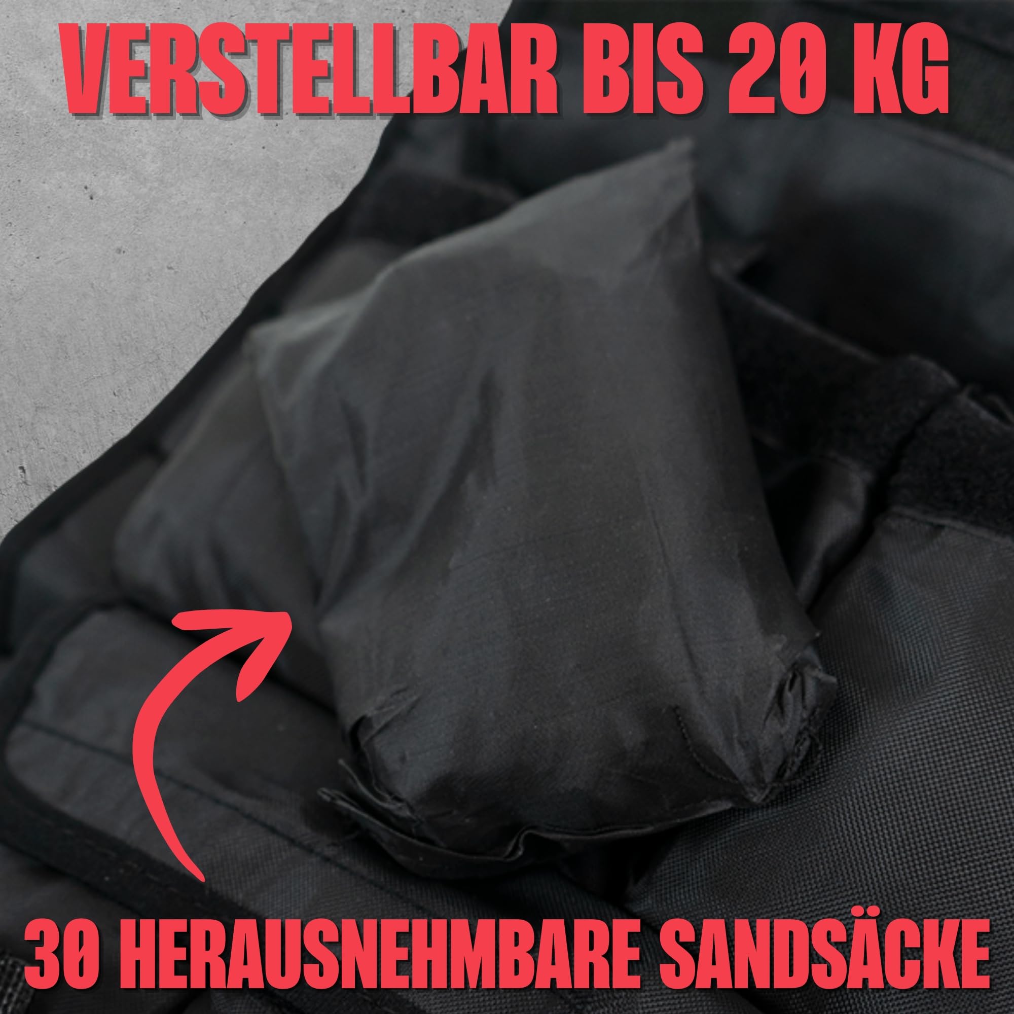 Matchu - Gewichtsweste - Weight Vest - Einstellbar bis zu 20 KG - Verstellbar mittels 30 Sandsäcken oder 6 Metallplatten - Hochwertiger Kunststoff - Schwarz