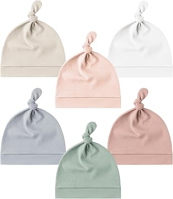 Konssy 6 Pack Baby Newborn Hats, Beanie Hat for Infant Girl Boy, 0-6 Months | Buttery Soft & Stretchy Fabric, Knot Design & Breathable, Machine Washable, Preemie & Newborn Hospital Hat