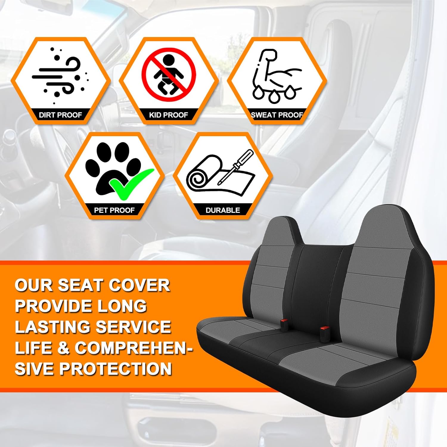 Front Bench Seat Cover Compatible with 1995-2010 Ford F-250/F350/F450, Leather & Foam Padded Water Resistant Seat Cover, Black and Gray