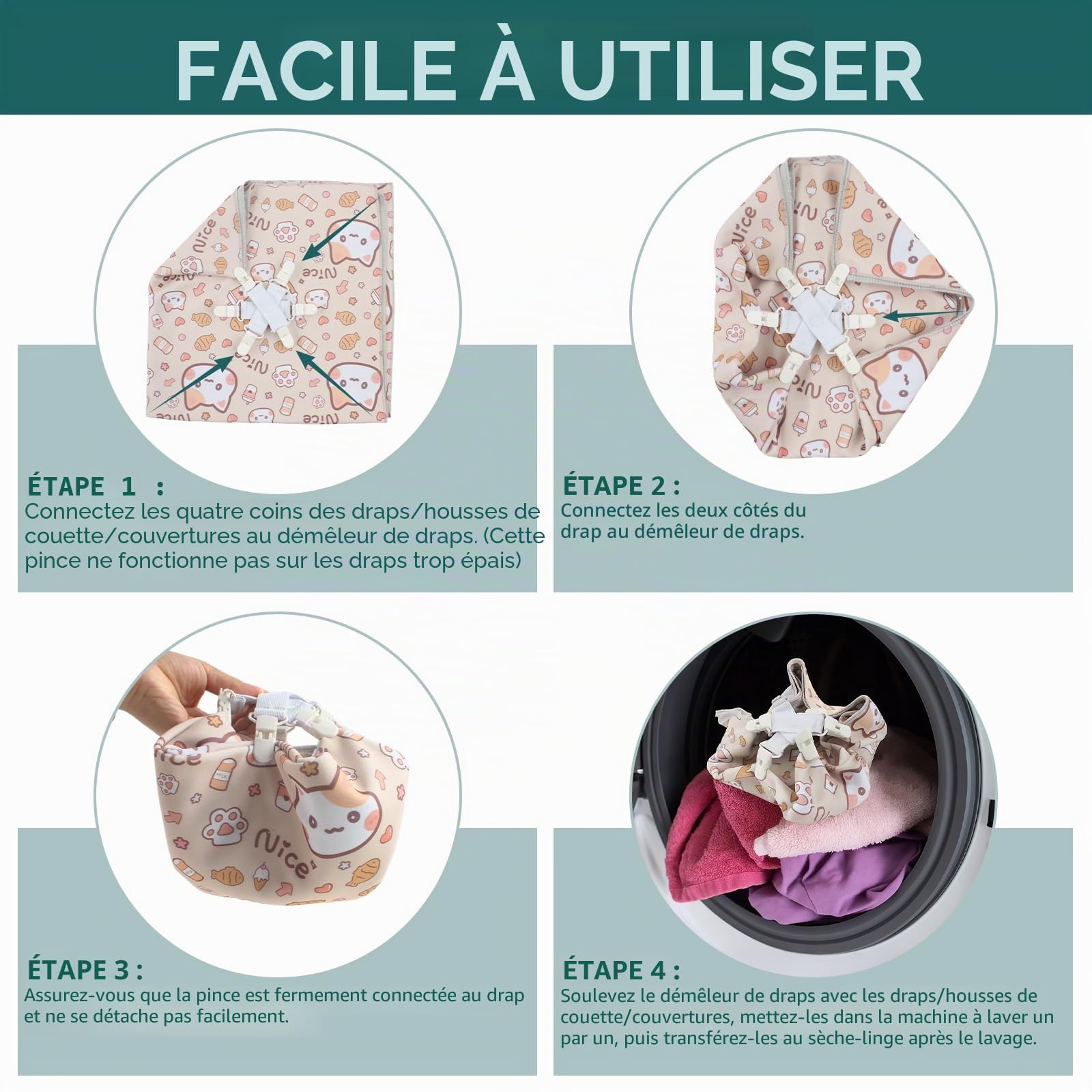 WAD Lot de 4 draps démêlants avec 6 clips, housses de couette/couvertures contre les nœuds, les torsions et les bouloches dans le sèche-linge, la machine à laver et le sèche-linge, 4 pièces