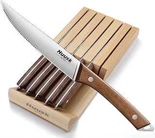 Huusk Steak Knives Set of 6 with Wood Block, Serrated & Straight Dual-Edge