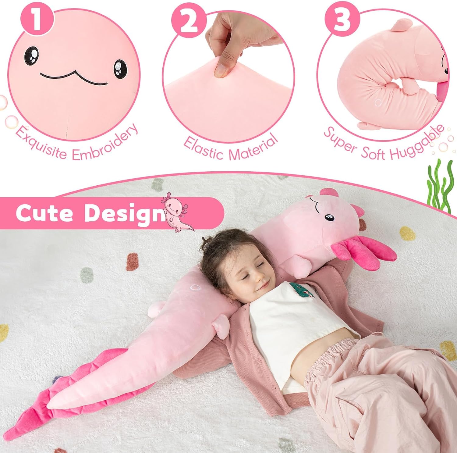 MaoGoLan Giant Axolotl Plush Body Pillow for Girls, Hot Pink Axolotl Stuffed Animal for Kids Adults, Large Salamander Plush Glow in The Dark, Holiday Birthday Easter