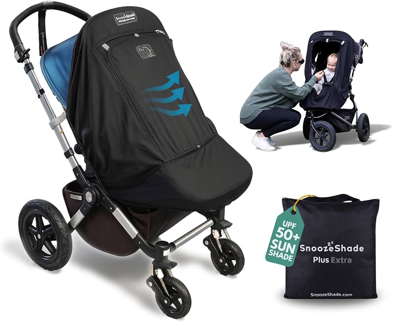 SnoozeShade Plus Extra Pram and Stroller Sun Shade Cover Blocks 99% UV UPF50+ Baby Sleep Aid and Breathable Blackout Canopy for Pushchairs Buggies and Travel Strollers