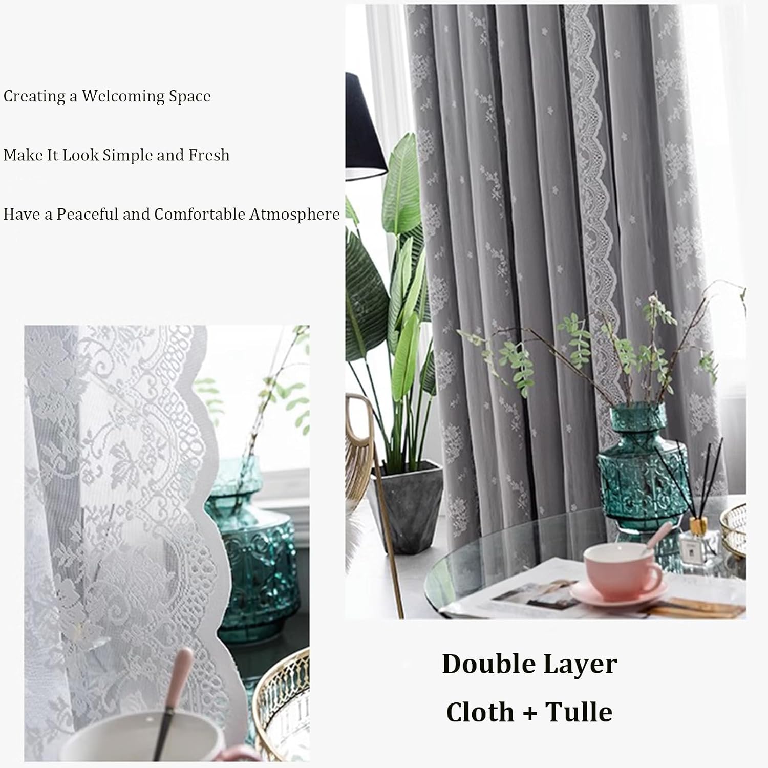 Blackout Curtains for Bedroom, Double Layer Vintage Lace Window Curtains Home Decor Drapes for Living Room Dining Office(W*H:200x250cm(79x98inch), Gray)
