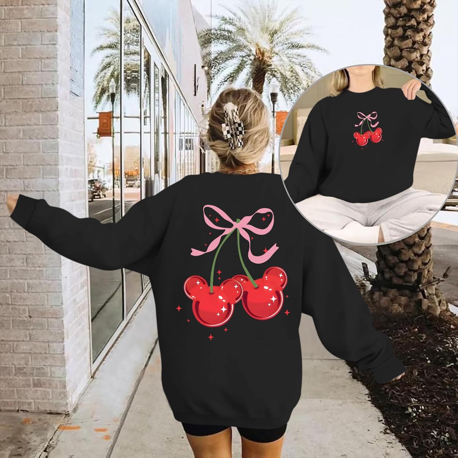 Magical Sweatshirts for Women Oversized Cherry Bow Graphic Long Sleeve Shirt Holiday Vacation Cute Pullover Tops - Image 2
