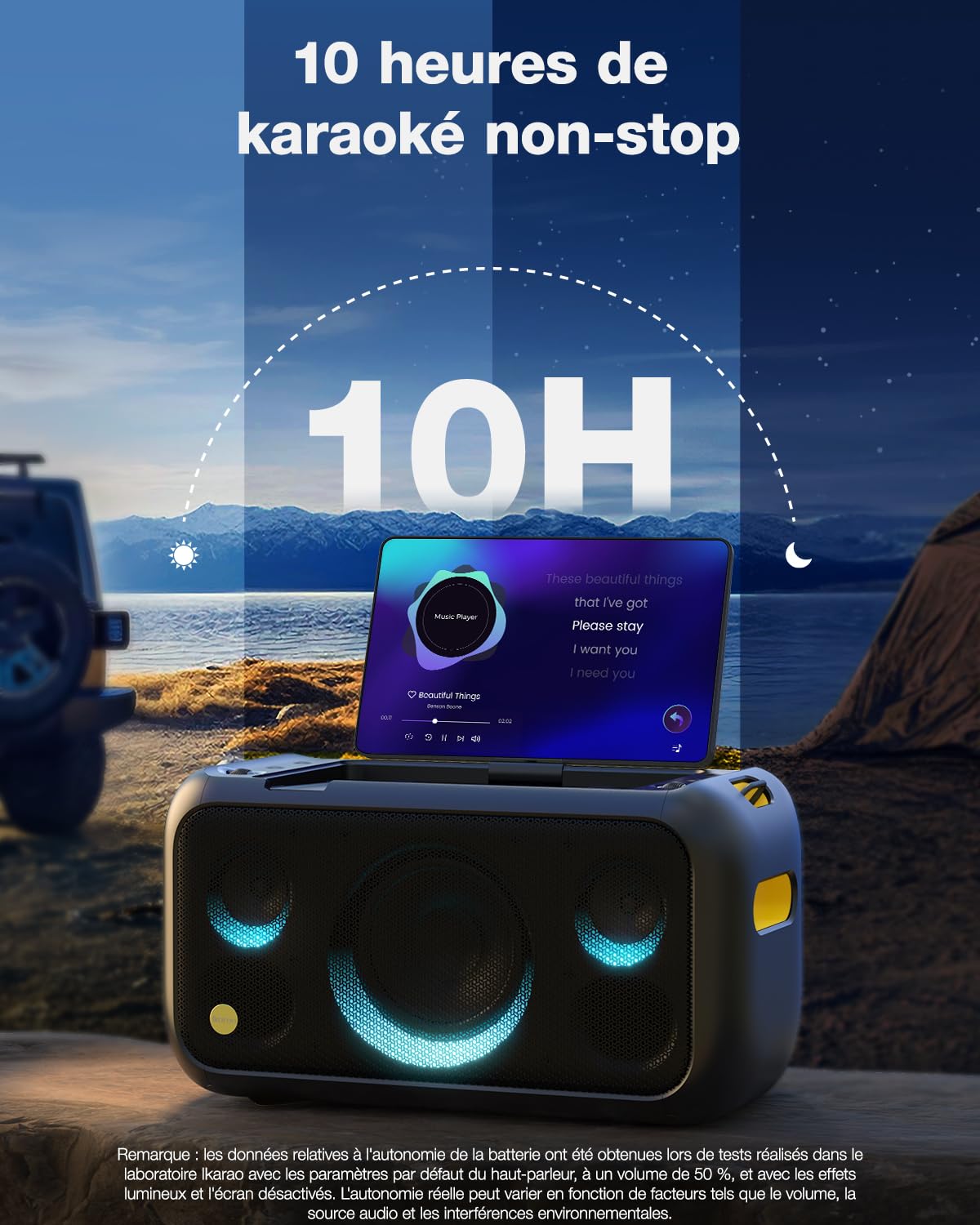 Ikarao Break X1 Machine de Karaoké avec Écran Tactile 13,3", Enceinte Bluetooth 800W, 2 Micros sans Fil et Éclairage LED – Idéal pour Anniversaires, Soirées et Événements Polyvalents