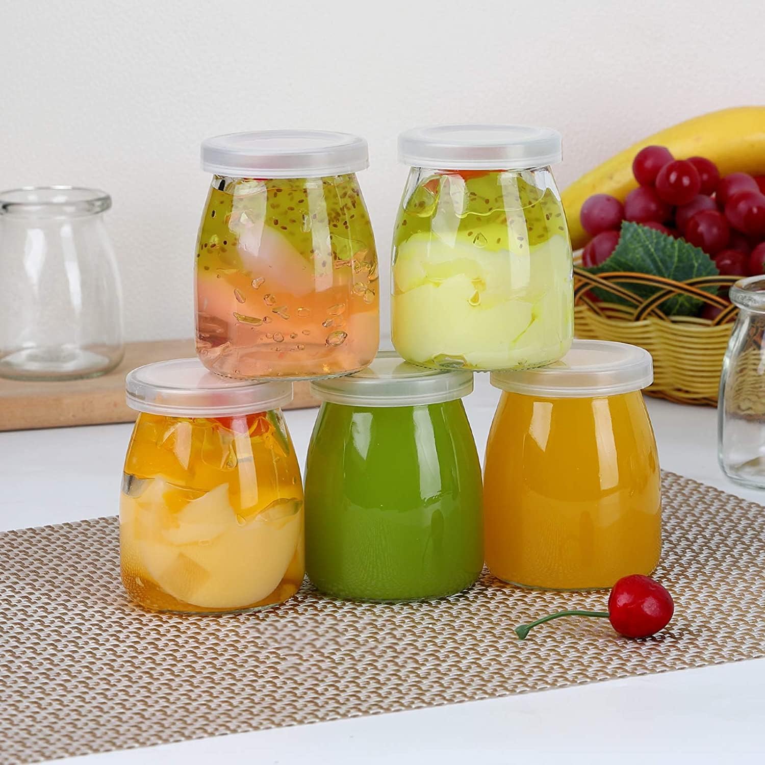 Glass Jars Yogurt, Set Of 5 Clear Pudding Jar With Lid - Glass Jars Yogurt Maker And Milk, Parfait, Spices And More - Perfect Glass Jar Gift Family And Friends (150Ml, Set Of 5, 6 Cm)