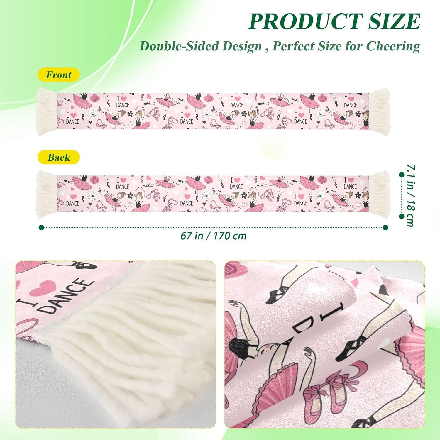 CHIFIGNO Cartoon Pink Ballet Sports Fan Scarf with Fringe Ends, Soft Polyester Sweat Towel for Soccer Game Cheering