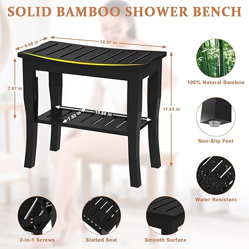 Miniatura 6 de Domax Bancos de ducha de bambú para ducha interior, asiento de banco de baño, taburete de ducha de madera impermeable con estante de almacenamiento