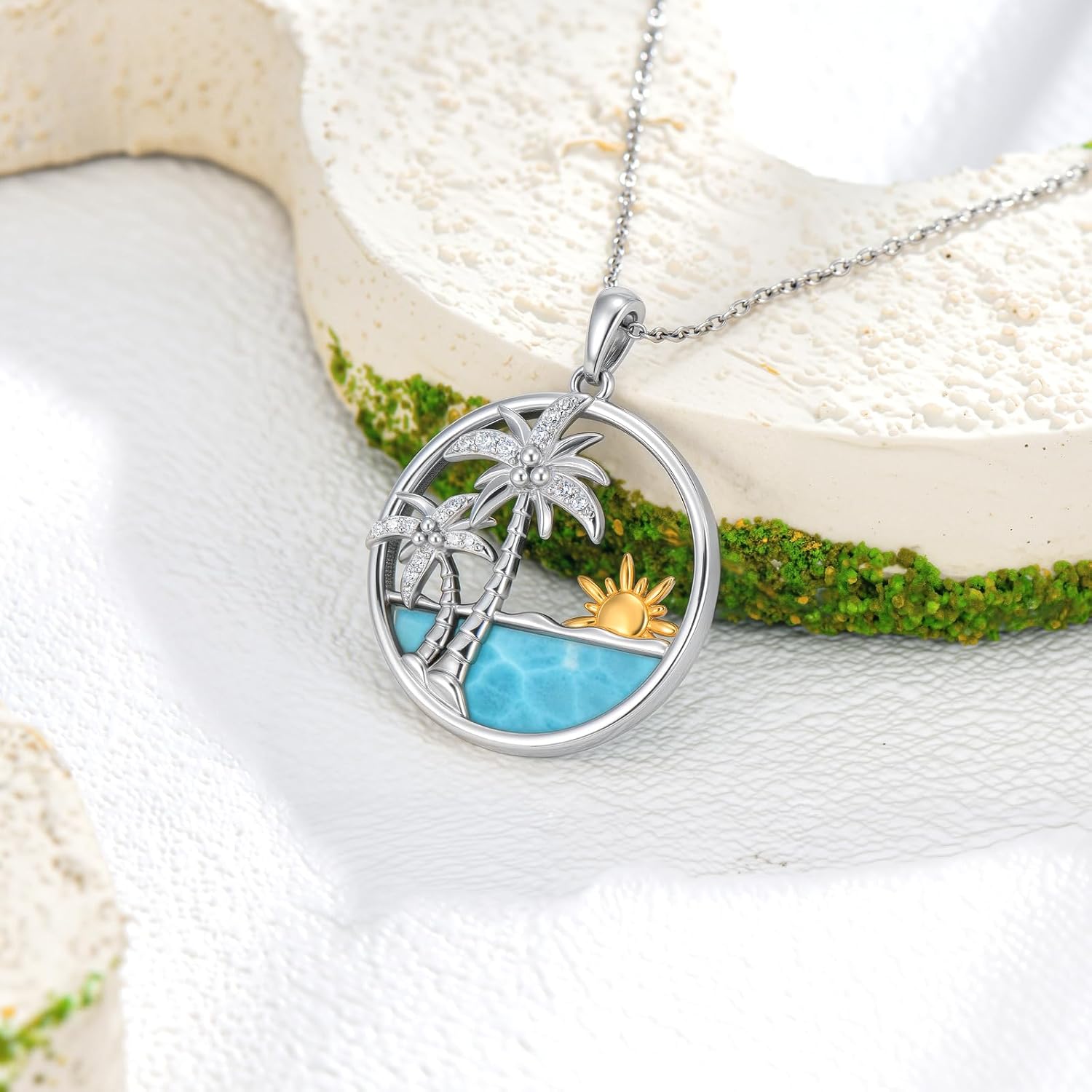 Genuine Larimar Palm Tree Necklace for Women Sterling Silver Ocean Wave Pendant Natural Gemstone Sea Beach Ocean Jewelry Gifts for Women - Image 2