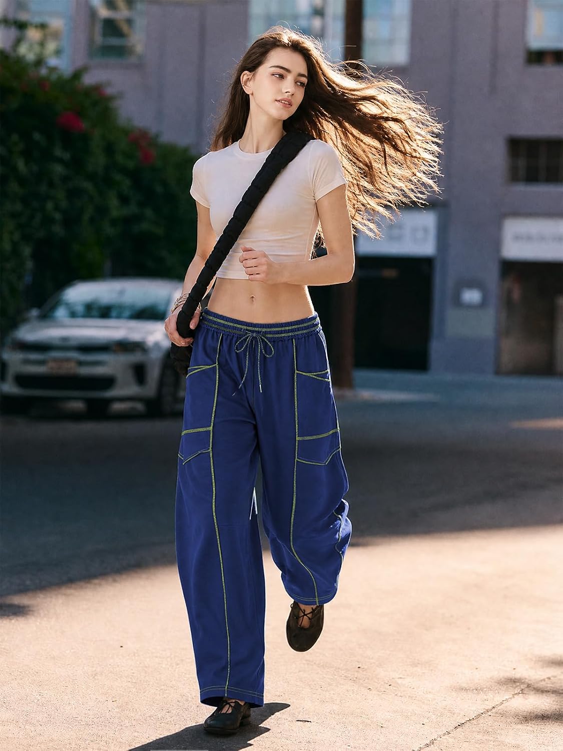 Outfeel Women Baggy Barrel Pants,Wide Leg Drawstring Sweatpants with Pockets Casual Lounge Palazzo Pants Summer Trousers