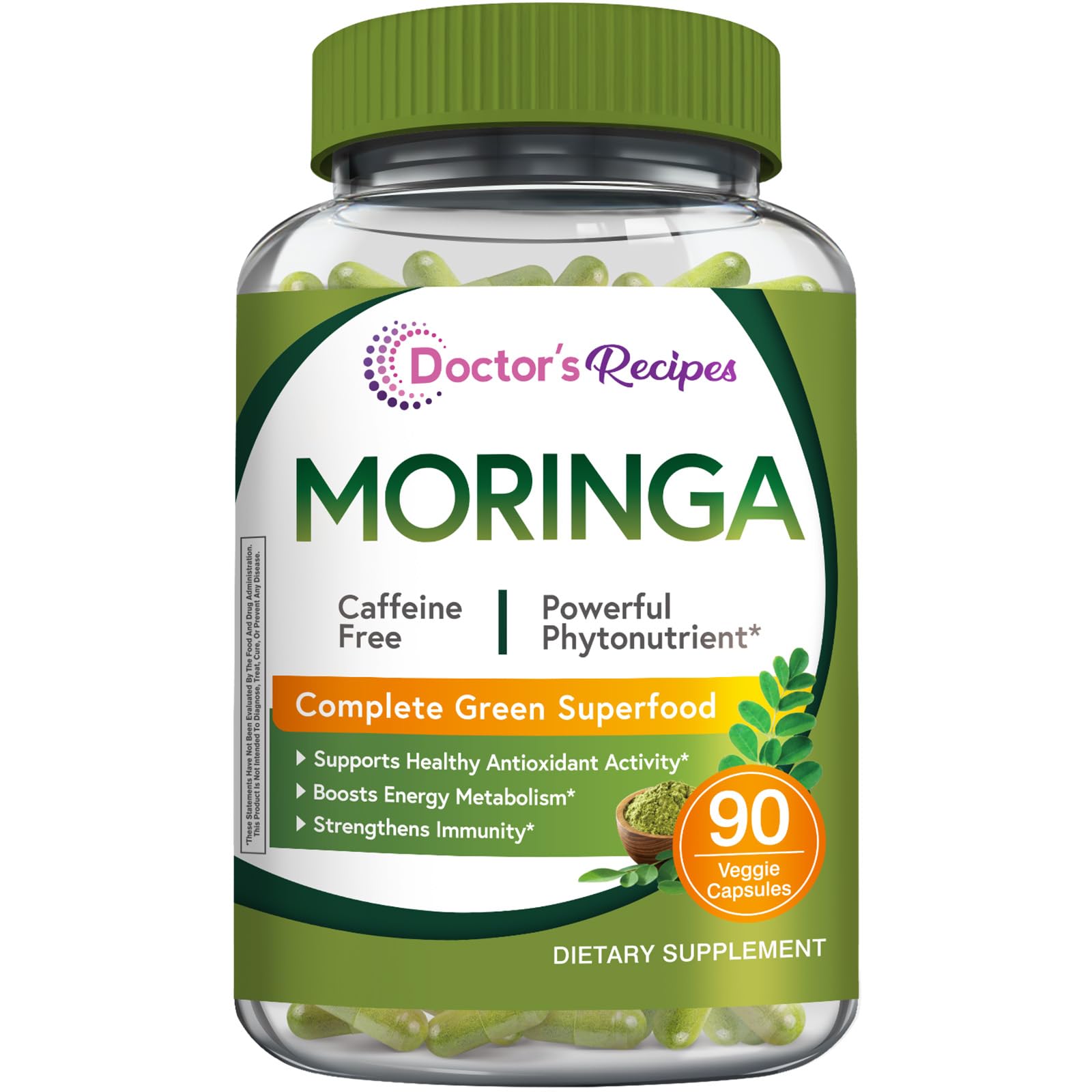 Doctor's Recipes Moringa 11,000 mg Strength, Complete Green Superfood, Natural Antioxidant Support, Non-GMO, 90 Vegan Caps, No Caffeine Soy Gluten