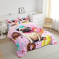 Vista 5 de Juego de edredón de perro lindo para niños, juego de ropa de cama con estampado de carlino de dibujos animados para niños y adolescentes, juego