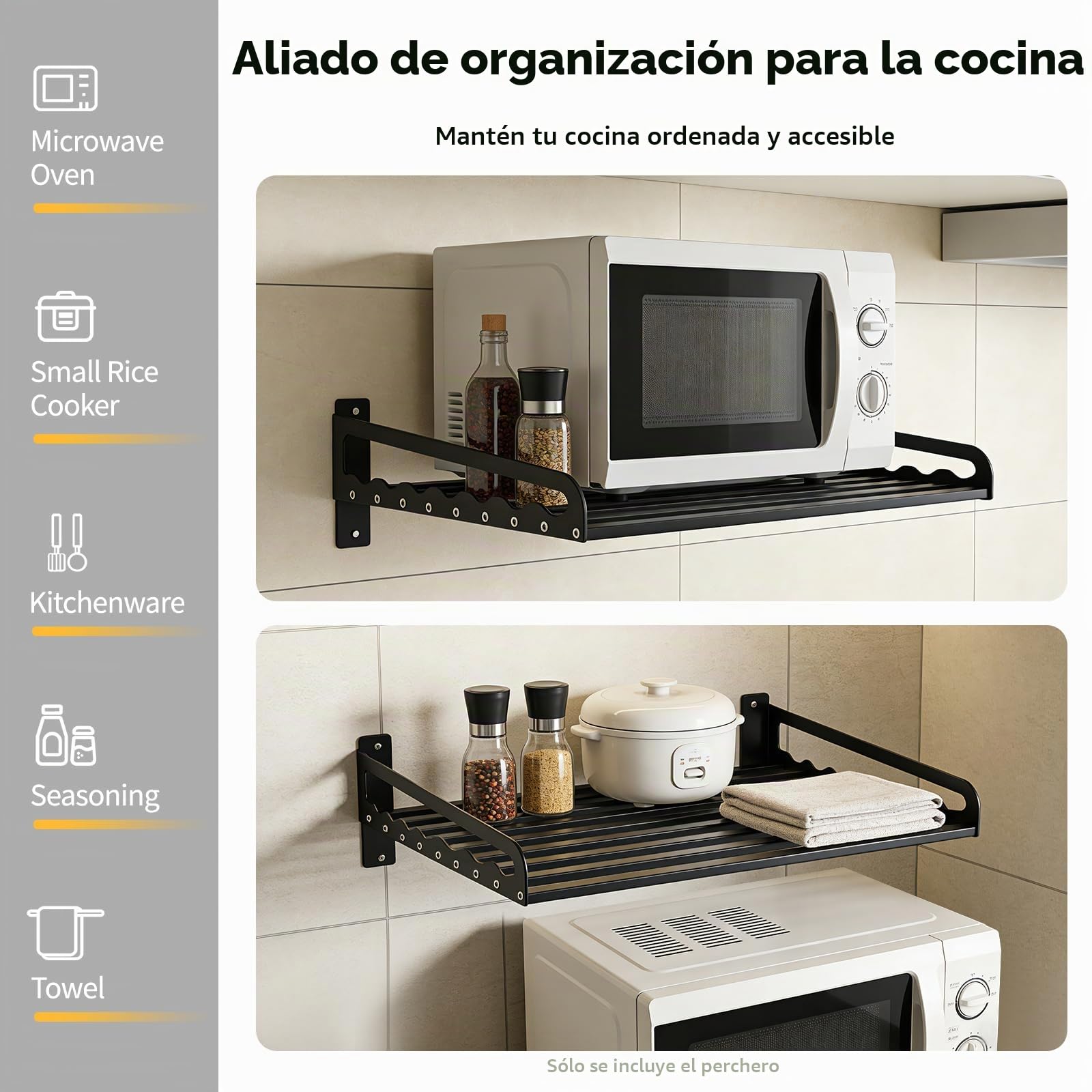 Estante de pared para microondas, de aluminio, color negro, para microondas, soporte de pared, estante para microondas, cocina, 50 x 39,5 cm, perforación