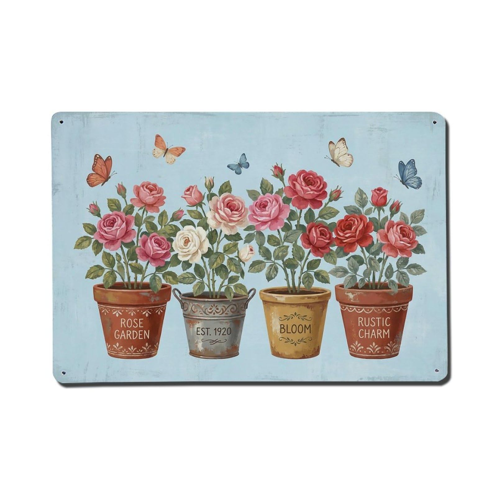 Vintage Rustic Flower Potted Plants Rose Metal Tin Sign