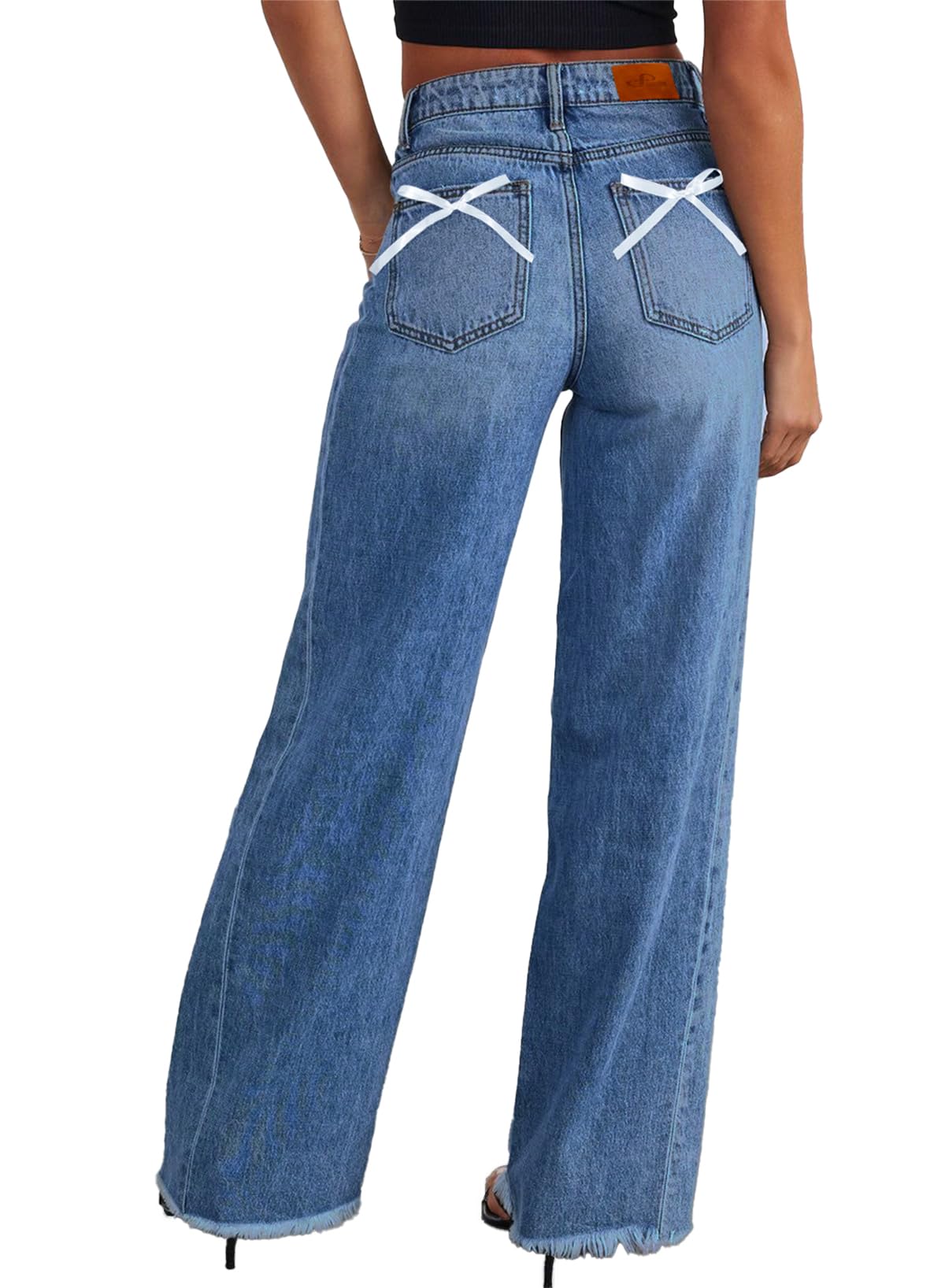 Sidefeel Women's Bowknot Wide Leg Jeans High Waisted Strechy Raw Hem Denim Pants