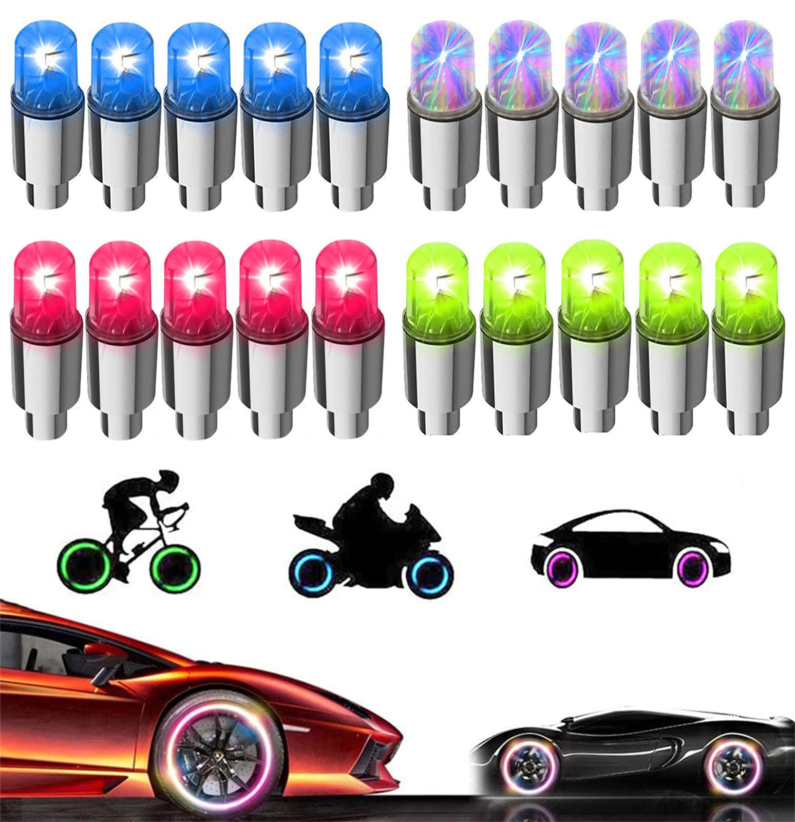 20 PCS Tire Valve Light LED Wheel Flash Light Tire Valve Cap Lamp for Car Truck Bike Motorcycle Golf Cart (Colorful+Red+Blue+Green)