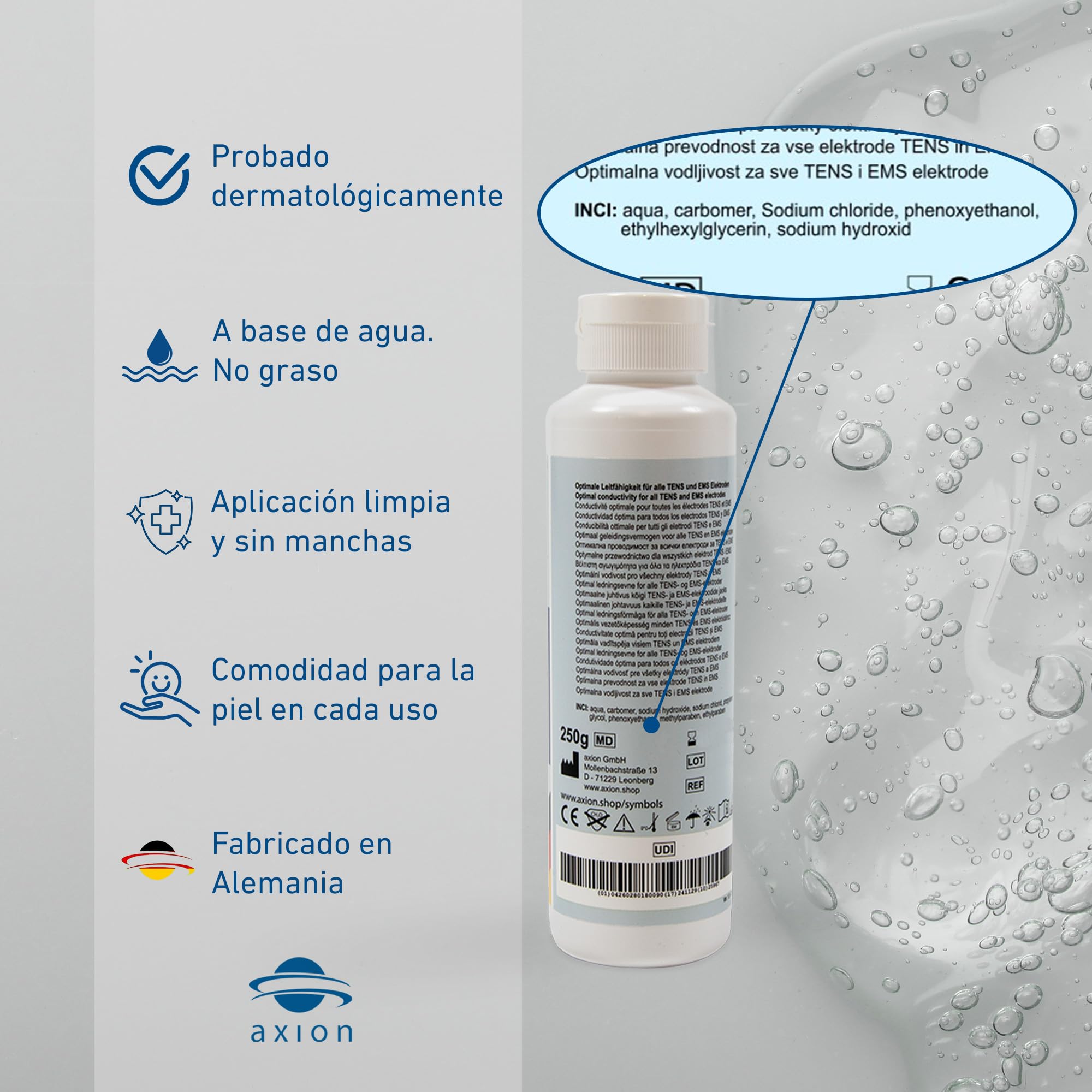 Paquete de 2 geles de contacto de 250g. axion | Mejora la conductividad de los electrodos TENS y EMS usados o de caucho | Gel conductor para electrodos de caucho