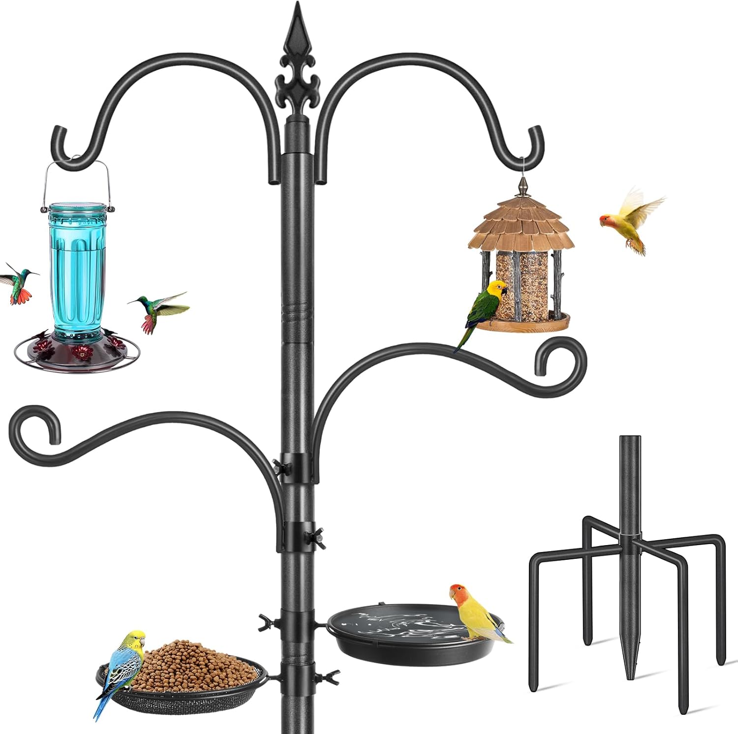 Bird Feeding Station, 88In Bird Feeder Pole Stand 4 Hook Heavy Duty Hummingbird Feeder Hanger Shepherds Hook for Outdoor, with Birds Bath and Mesh Tray, Black 1 Pack