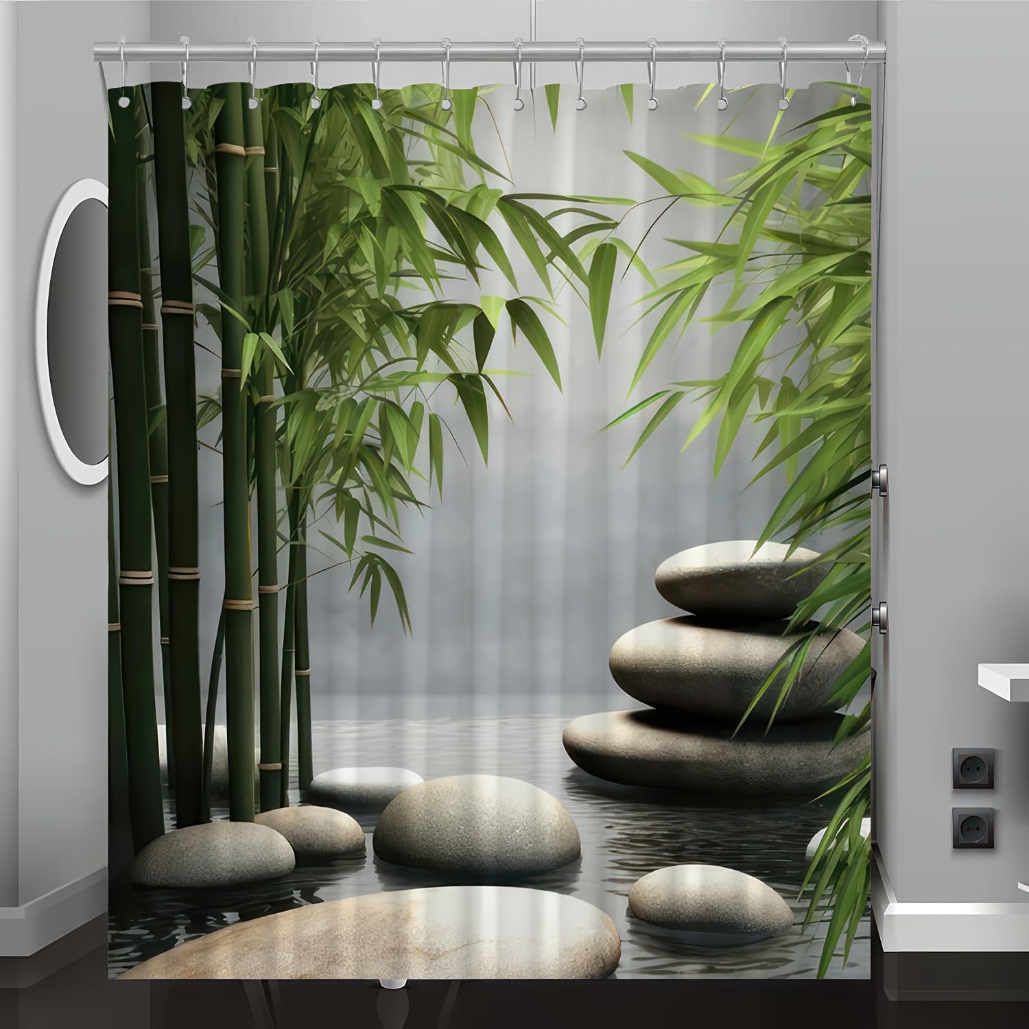 GLKSDLPO Bamboo & Stone Print Shower Curtain - Mid Century Serene Nature Design, Lush Bamboo & Sunlit Leaves, Modern Bath Decor(240x180cm/94x71in(WxH)