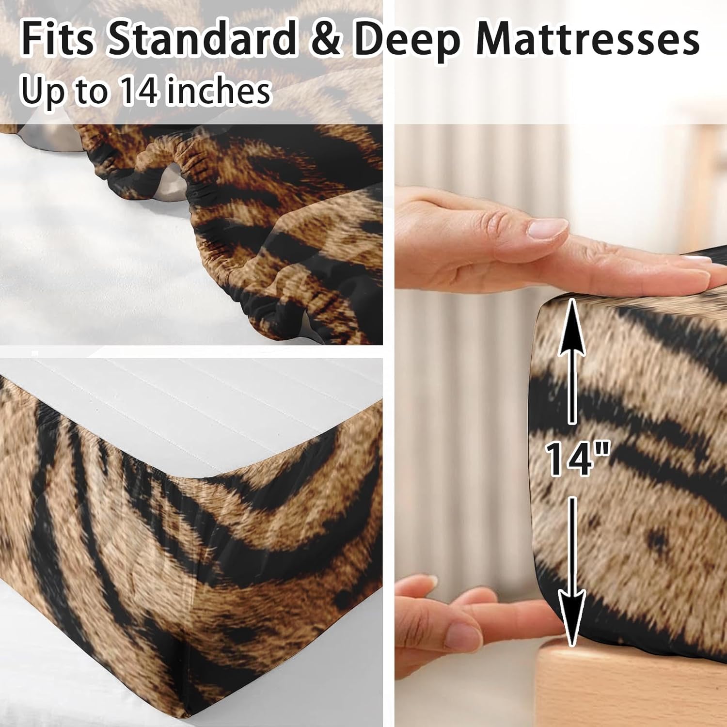 Pamnest Queen Size Bed Sheet Sets, Tiger Animal Leopard Soft Microfiber 4 Pcs Bedding Sets for Kids and Adults Bedroom Bed Decor, Cheetah Vintage Cat Flat, Fitted Sheet and 2 Pillowcases