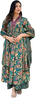 GoSriKiWomen's Rayon Viscose Anarkali Printed Kurta with Palazzo & Dupatta