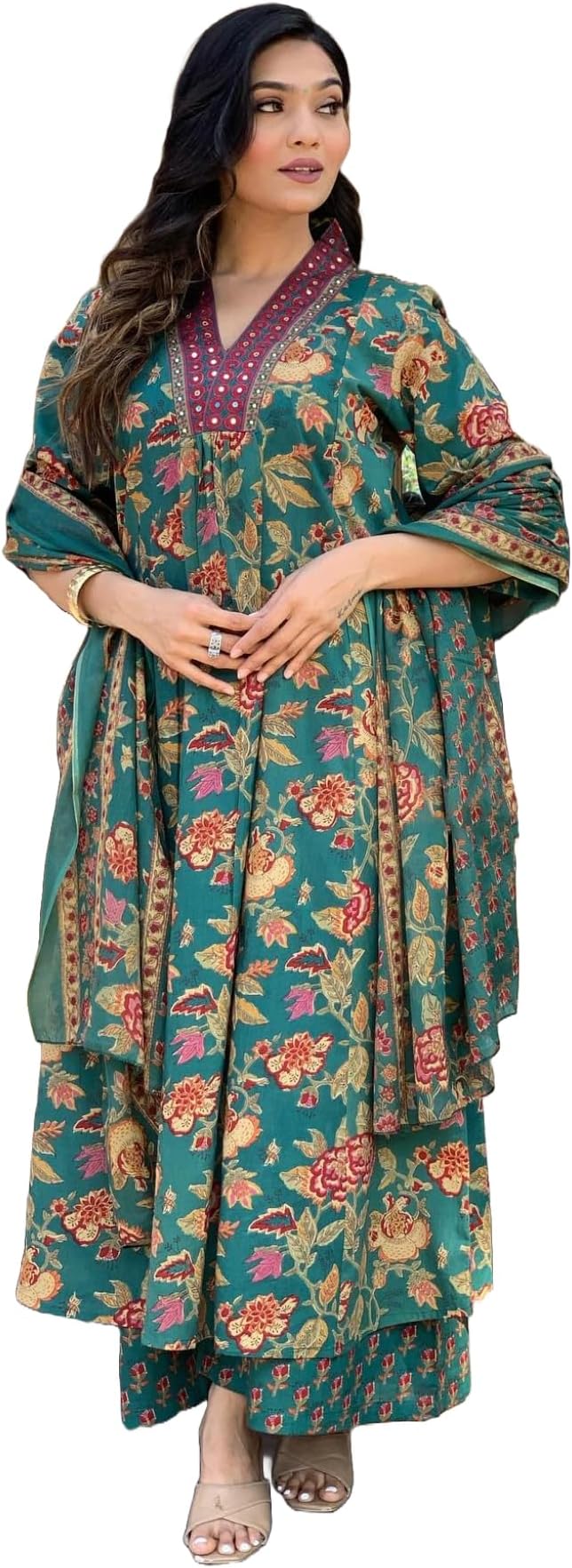 GoSriKiWomen's Rayon Viscose Anarkali Printed Kurta with Palazzo & Dupatta