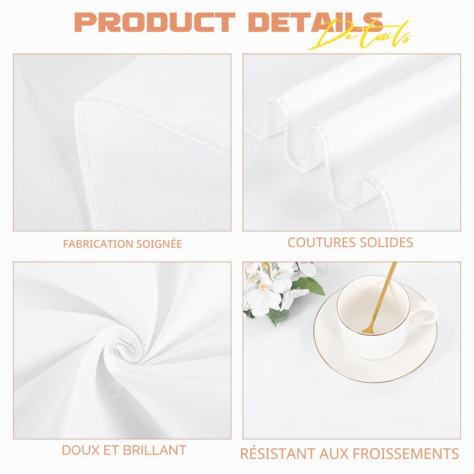 Pesonlook Lot de 4 nappes rectangulaires blanches, 228,6 x 396,2 cm en polyester lavable en masse, nappes en tissu polyester pour mariage, fête, banquet, buffet, table de fête, dîner de vacances