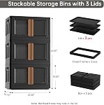 HAIXIN Boîtes de stockage avec 3 Lys - 19 Boîte de rangement empilable Gal avec double porte d'ouverture placard collaposible Organisation et rangement Armoire de rangement noir en plastique pour garage paquet de 3