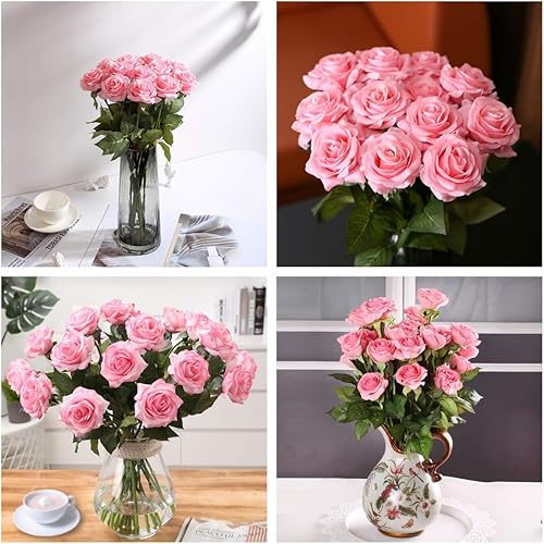 Miniatura 4 de IPOPU 12 piezas de rosas artificiales rosas rosas artificiales para decoración, flores de seda de tacto real, arreglo floral para bricolaje, bodas