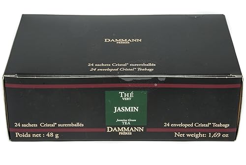 Dammann Freres Sachets, Vert Au Jasmin - Bolsas de té, té verde de jazmín francés gourmet premium, envueltas individualmente, 24 unidades (paquete