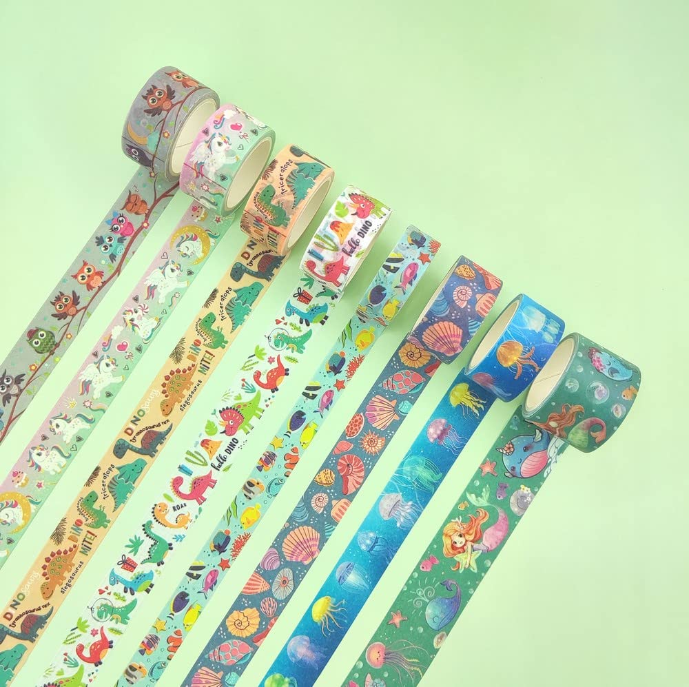 YUBX Set Di 8 Washi Tape Fluorescenti Che Si Illuminano Al Buio – Nastri Creativi Con Gufi, Sirene E Dinosauri