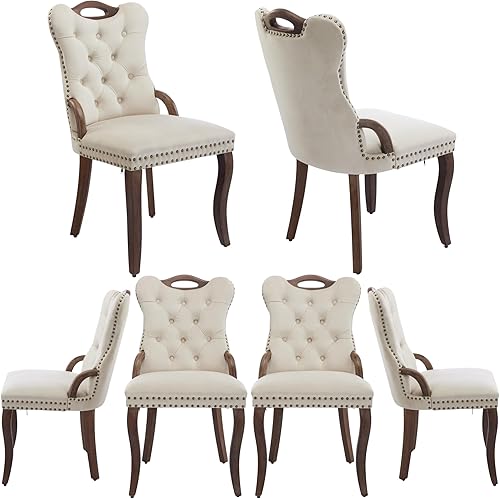 Juego de 6 sillas de comedor de terciopelo, asas de madera maciza, sillas de comedor tapizadas de madera, decoración de uñas de cobre vintage,