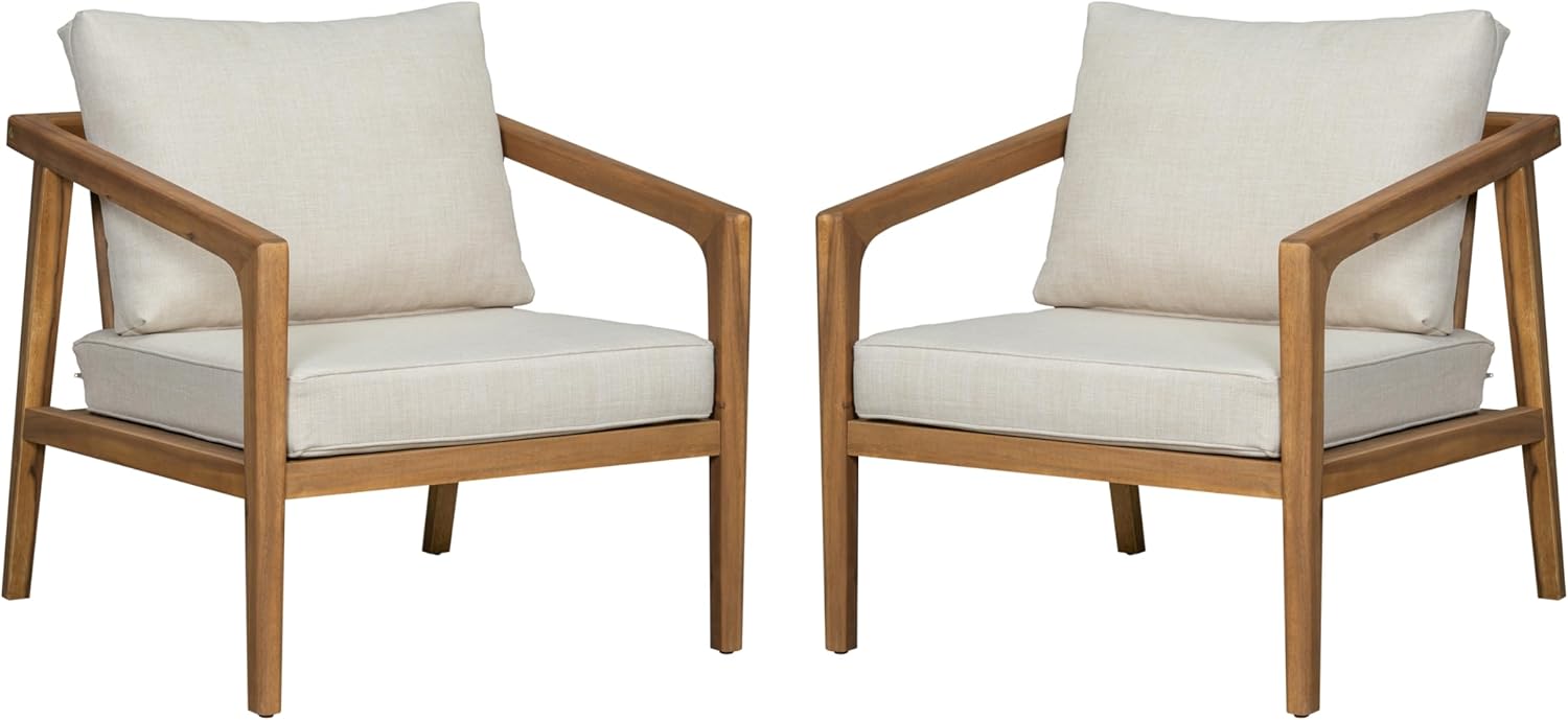 GDFStudio Outdoor Club Chair Set of 2,Patio Armchair with Wood Frame Beige Cushion,Modern Lounge Chair Single Sofa,Accent Chair for Outdoor Indoor Poolside Balcony Backyard,400 lbs Heavy Duty Teak