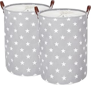 Lifesela 2-Pack Large Laundry Basket, 20-Inches Collapsible Laundry Hamper with Leather Handles, Dirty Clothes Hamper with Drawstring Closure Waterproof Laundry Bin (Grey)