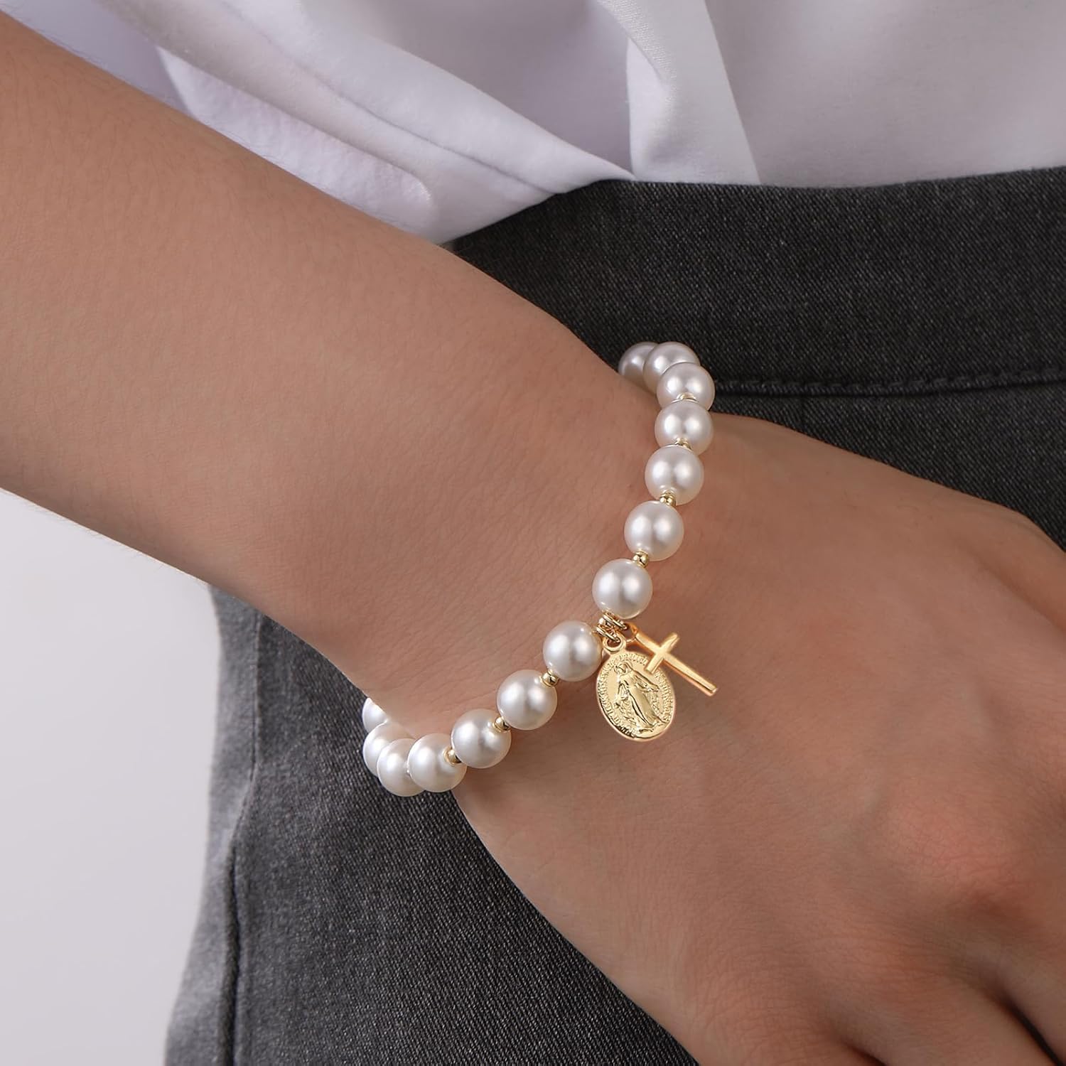 Initial First Holy Communion Confirmation Baptism Bracelets Gifts for Women Girls, Catholic First 1st Communion 14K Gold Pearl Cross Charm Bracelet Personalized A-Z for Goddaughter Niece - Image 7