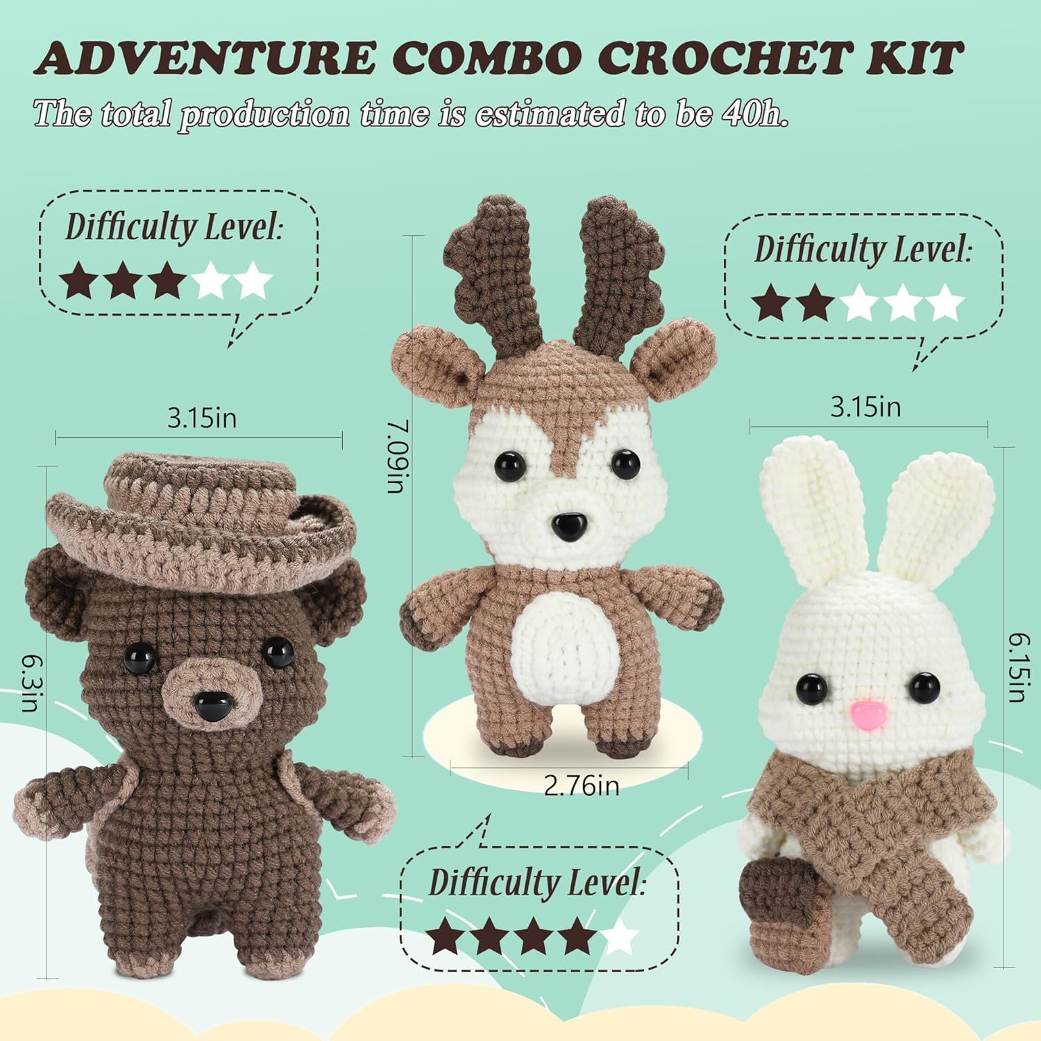 DoodleTwyst Amigurumi Crochet Kit – DIY Crochet Kit with Yarn & Tools – Fun Crochet Kits for Adults to Make Bear, Bunny & Reindeer Stuffed Animals