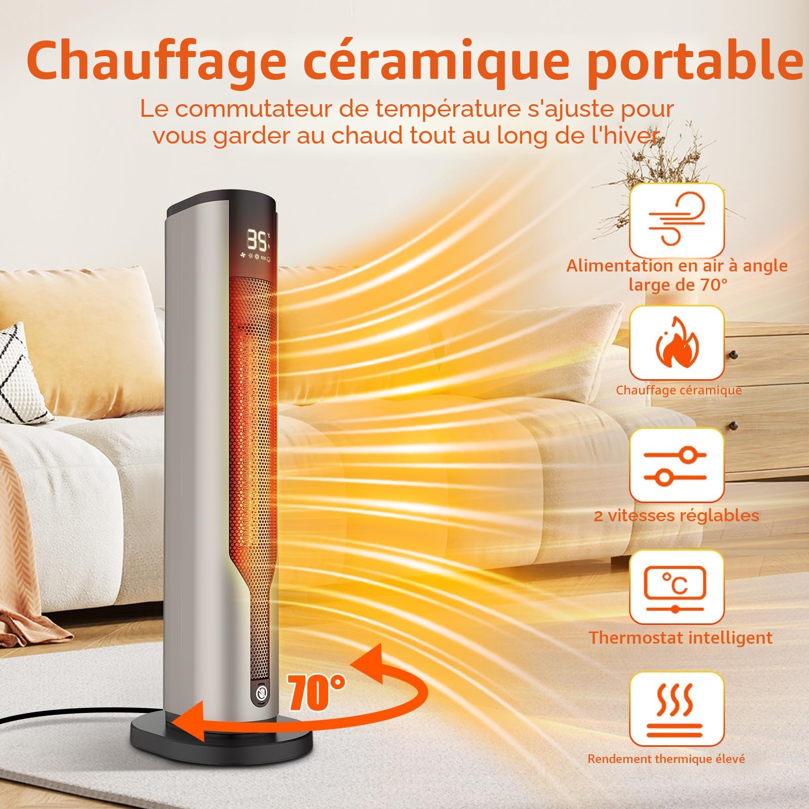 Chauffage d'appoint, radiateur électrique 60 cm, télécommande et minuterie 12h, interrupteur à bascule et protection contre la surchauffe, 2000 W, 3