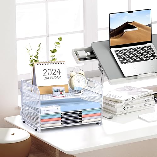 Miniatura 8 de Bandeja organizadora de papel de 3 niveles con asa, organizador de archivos de escritorio de malla compacto para suministros de oficina en casa,