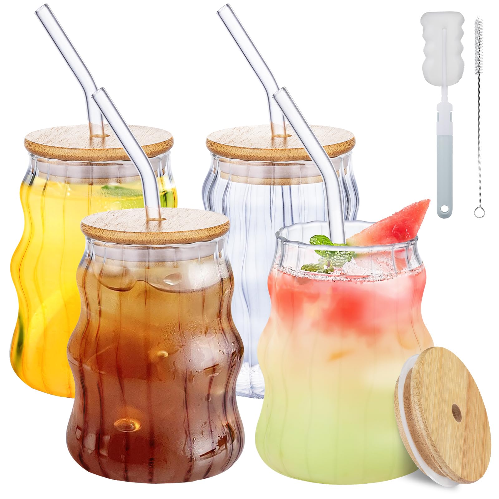 Juego de 4 Vasos de Cóctel, 500ML Tazas de Café de Cristal con Tapa y Pajita Reutilizable, Vasos de Jugo, Vasos Largos, para CóCteles/Whisky/Cerveza/Café Helado/Leche/Latte/Macchiato